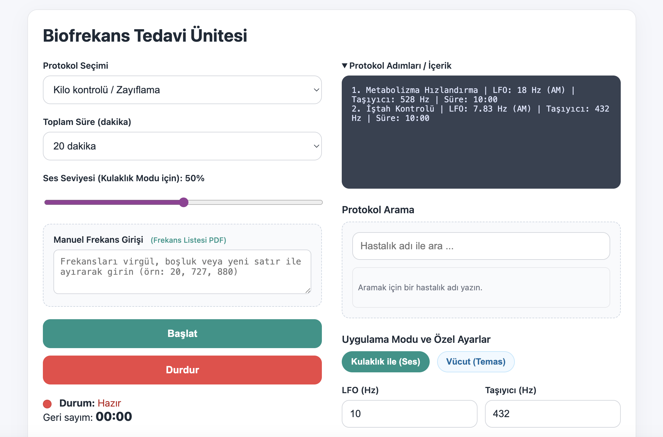 Biofrekans Tedavi Arayüzü